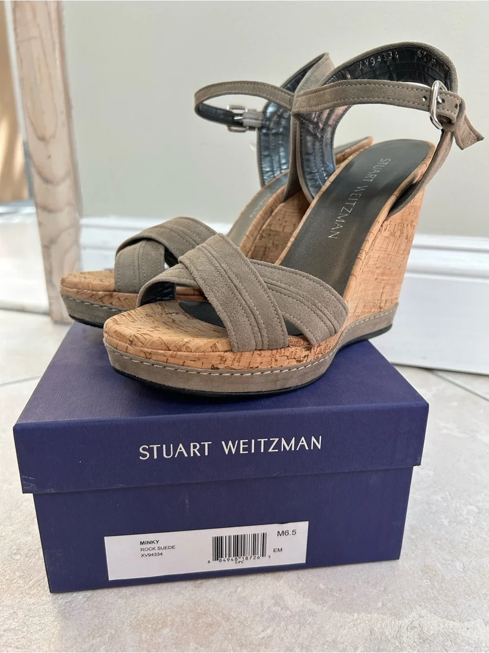 Stuart Weitzman Minky Rock Suede Cork Wedge Sandals Size 6.5